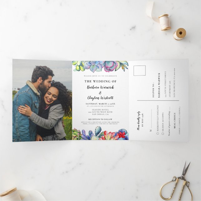 Invitation Trois Volets Cactus et succulents aquarelle Tout en un mariage (Intérieur)