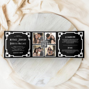Invitation Trois Volets Cadre Art Déco Carré Code QR Mariage Noir Blanc