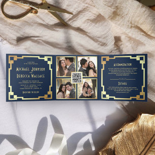 Invitation Trois Volets Cadre Art Déco carré Marine Gold QR Code Mariage