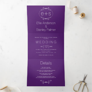 Invitation Trois Volets Cadre blanc et initiales monogramme violet mariage