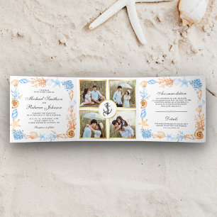 Invitation Trois Volets Cadre de collage photo de mariage Coquillages naut