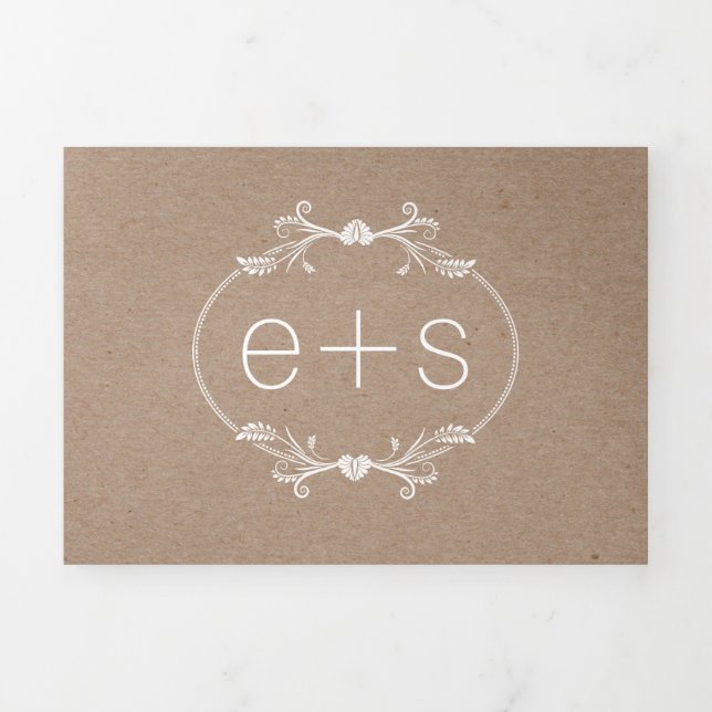 Invitation Trois Volets Cadre et initiales monogramme mariage papier kraft (Page de couverture)