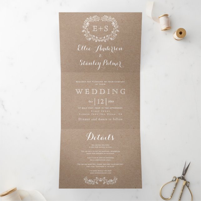 Invitation Trois Volets Cadre floral blanc avec mariage des initiales (Intérieur)