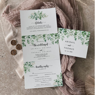Invitation Trois Volets Calligraphie minimaliste Mariage d'eucalyptus vert