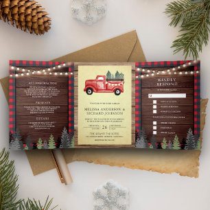 Invitation Trois Volets Camion de Noël Rouge Vintage Bois Rustique Mariage