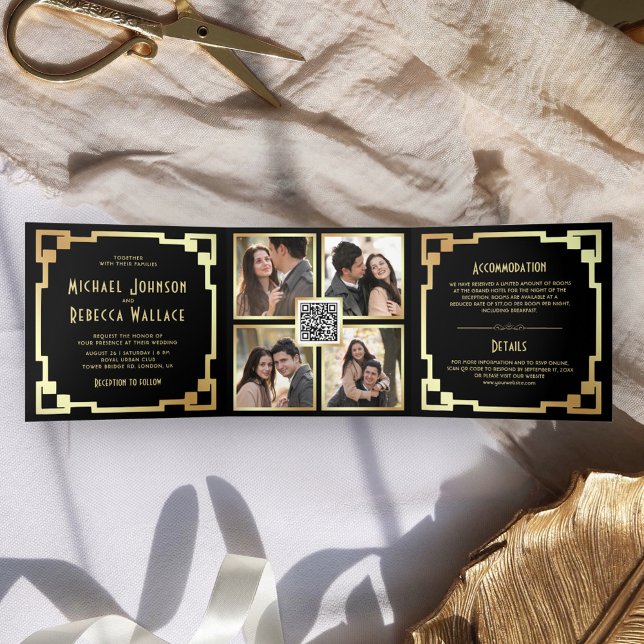 Invitation Trois Volets Carré Art Déco Cadre Black Gold QR Code Mariage (Créateur téléchargé)