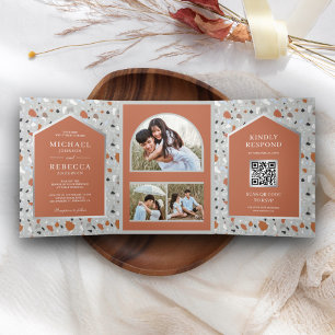 Invitation Trois Volets Carrelage Terrazzo Gris Arche en Terracotta Code Q