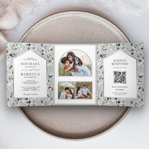 Invitation Trois Volets Carrelage Terrazzo Gris Moderne Photo Code QR Mari