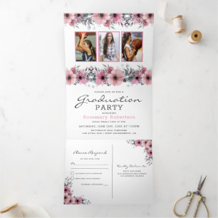 Invitation Trois Volets Catégorie 2025   Floral 2 en 1 Graduation Party