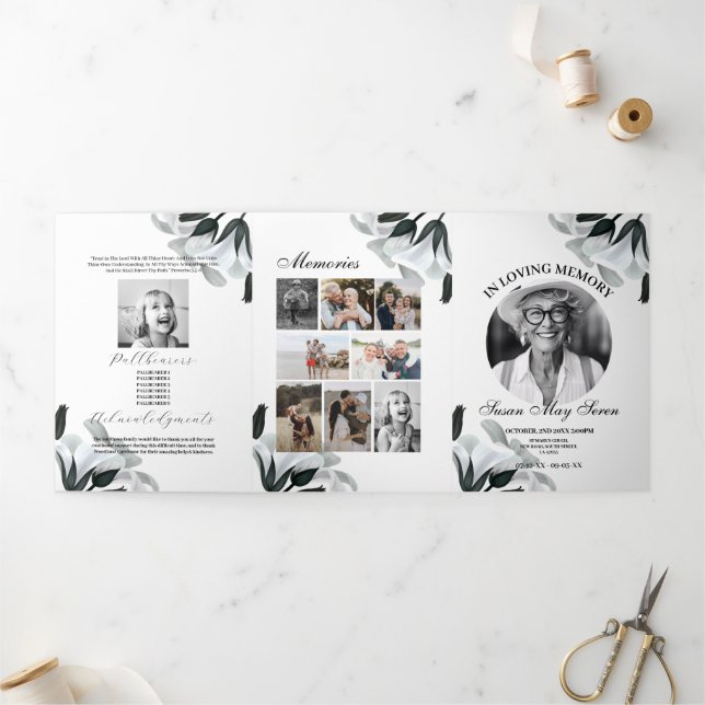 Invitation Trois Volets Célébration de la nécrologie Vie Photo Black White (Extérieur)