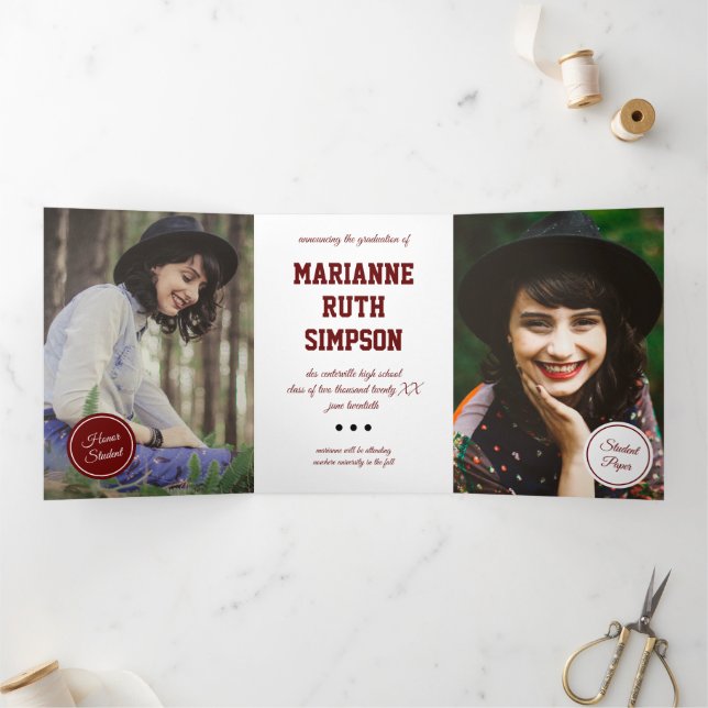 Invitation Trois Volets Cercles Maroon 5-Photo Graduation (Intérieur)