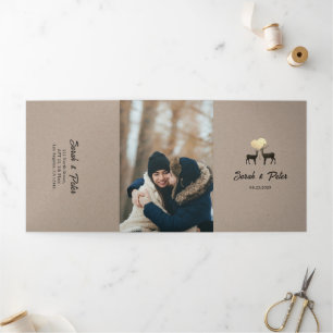 Invitation Trois Volets Cerf Amour Rustique Automne Hiver Code QR Mariage