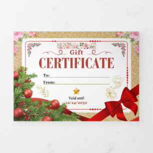 Invitation Trois Volets Certificat Cadeau de Noël Fleurs Rouges et Or Élég