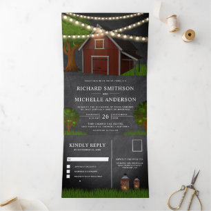 Invitation Trois Volets Chalkboard Farm Red Barn String Lights Mariage