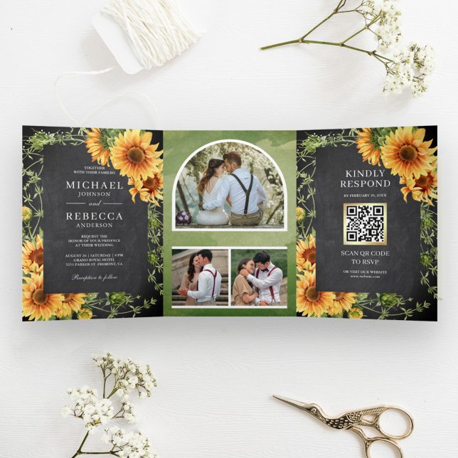 Invitation Trois Volets Chalkboard Sunflowers Photo Arch Code QR Mariage (Créateur téléchargé)