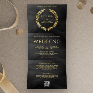 Invitation Trois Volets Charbon Grise Or Laurier Minimal Code QR Mariage