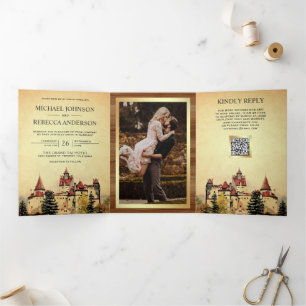Invitation Trois Volets Château de Conte de Fées Code QR Mariage