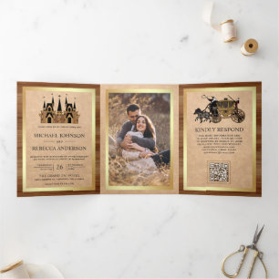 Invitation Trois Volets Château de conte de fées Kraft Wood Photo QR Code 