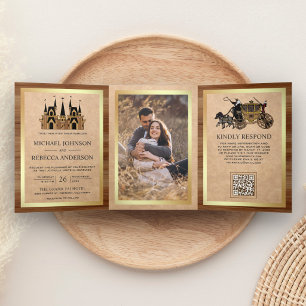 Invitation Trois Volets Château de conte de fées Kraft Wood Photo QR Code