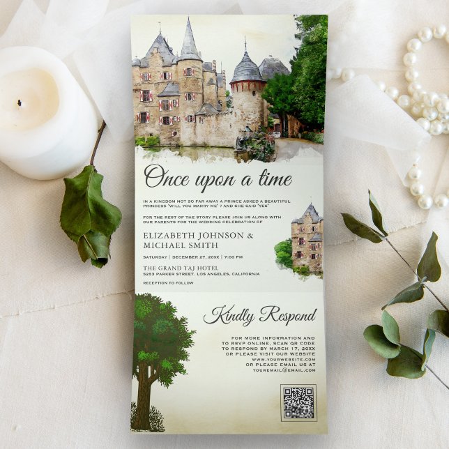 Invitation Trois Volets Château de Conte de Fées Rustique Code QR Mariage (Créateur téléchargé)