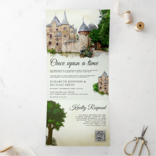 Invitation Trois Volets Château de Conte de Fées Rustique Code QR Mariage