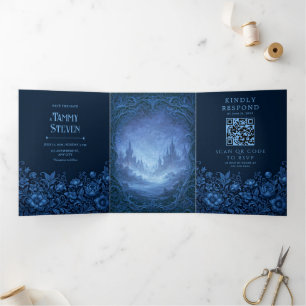Invitation Trois Volets Château de Mariage Fantastique à la Vigne Sculptée