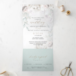 Invitation Trois Volets Chic Blush Coral Peonies blanches TOUS en un seul 