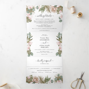 Invitation Trois Volets Chic Boho Orchidées & Tropcal Feuille Mariage séch