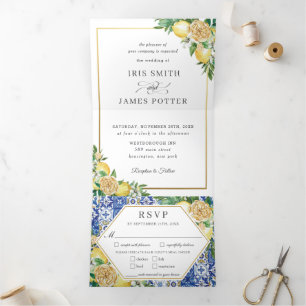 Invitation Trois Volets Chic Citron Floral Feuillage Doré Mariage RSVP