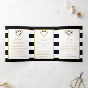 Invitation Trois Volets Chic Coeur, Noir & Or Mariage rayé