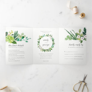 INVITATION TROIS VOLETS CHIC SUCCULENT WREATE FOLIAGE MARIAGE D'EAU COULEU