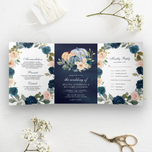 Invitation Trois Volets Citrouille de mariage florale bleu marine et pêche
