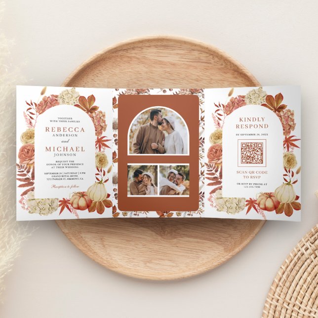 Invitation Trois Volets Citrouille en terre cuite Floral QR Code Mariage (Créateur téléchargé)