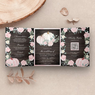 Invitation Trois Volets Citrouille floral rose pâle QR Code Mariage bois