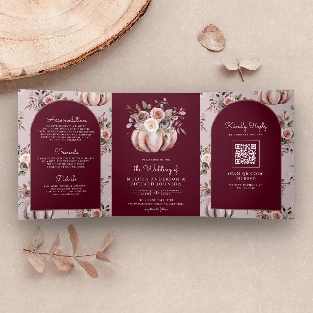 Invitation Trois Volets Citrouille neutre Floral QR Code Bourgogne Mariage (Créateur téléchargé)