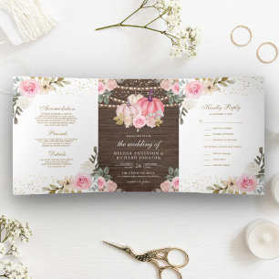 Invitation Trois Volets Citrouille rose et or rustique Mariage en bois fle