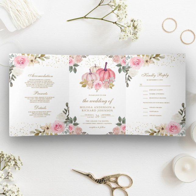 Invitation Trois Volets Citrouille rose et or rustique Mariage floral (Créateur téléchargé)