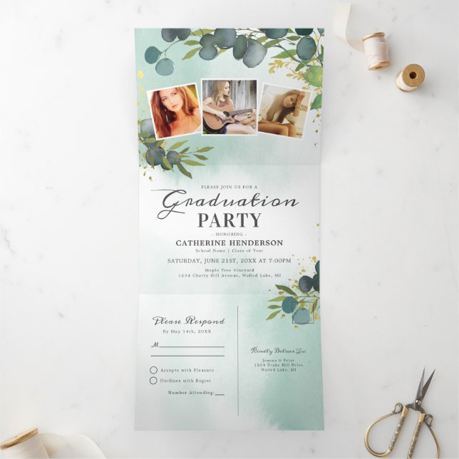 Invitation Trois Volets Classe de 2025 Eucalyptus Graduation Party (Intérieur)
