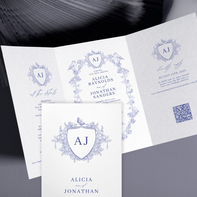 Invitation Trois Volets Classic blue French floral QR code wedding (Créateur téléchargé)