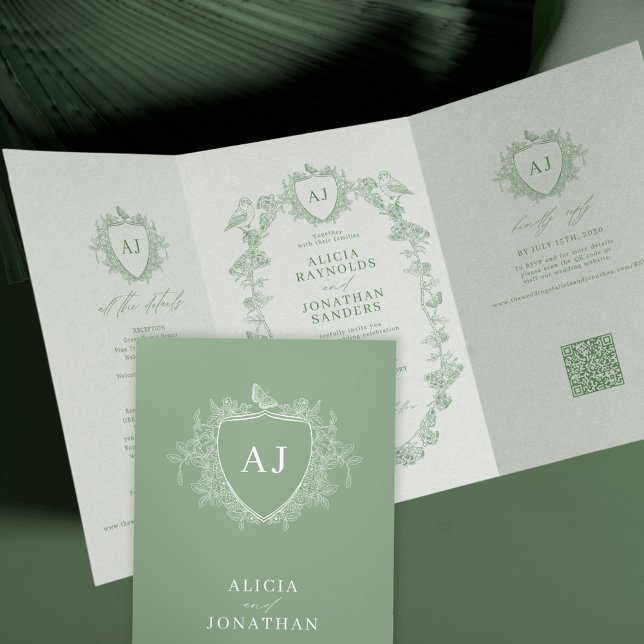 Invitation Trois Volets Classic sage green French floral QR code wedding (Créateur téléchargé)