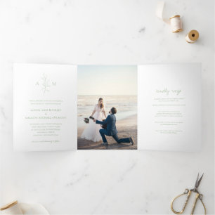 Invitation Trois Volets Clean Sage Green Botanical Photo Mariage élégant