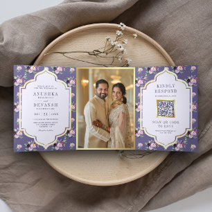 Invitation Trois Volets Code QR à motif floral de pervenche pour mariage i
