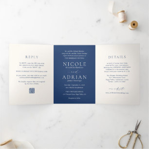 Invitation Trois Volets Code QR Bleu de la marine classique Mariage élégan