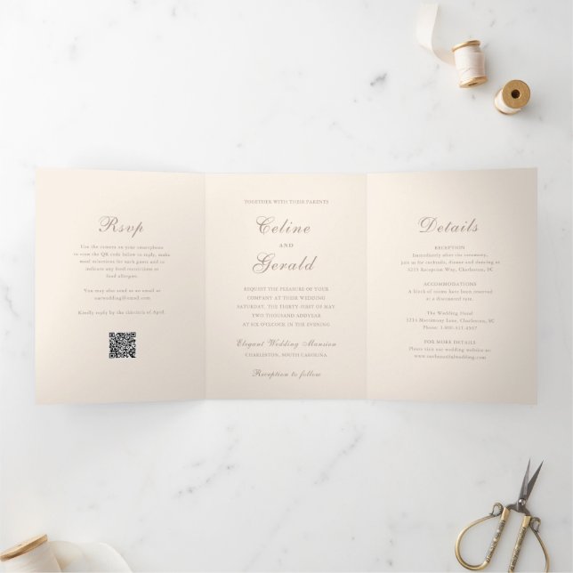 Invitation Trois Volets Code QR classique neutre Sandy Mariage élégant (Intérieur)