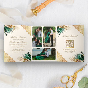 Invitation Trois Volets Code QR de mariage à la dentelle dorée et fleurs é