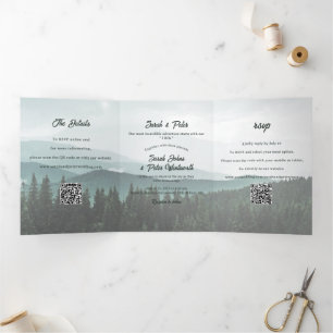 Invitation Trois Volets Code QR de mariage à la montagne rustique et forêt