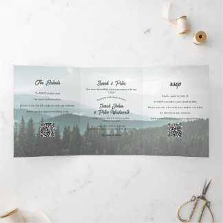 Invitation Trois Volets Code QR de mariage à la montagne rustique et forêt