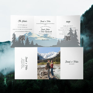 Invitation Trois Volets Code QR de mariage à la montagne rustique et forêt