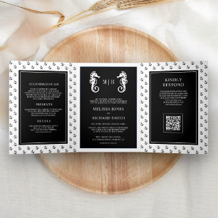 Invitation Trois Volets Code QR de mariage Ancre nautique noire Hippocampe