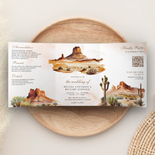 Invitation Trois Volets Code QR de mariage au cactus de montagne du désert